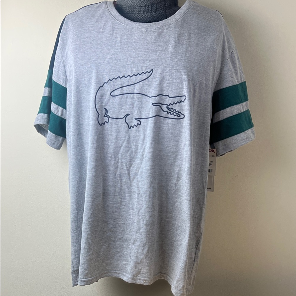 Lacoste Men's T-Shirt in Gray with Green Stripes